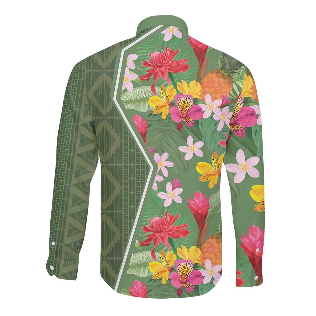 Afro Tropical Flowers Long Sleeve Button Shirt Green Version