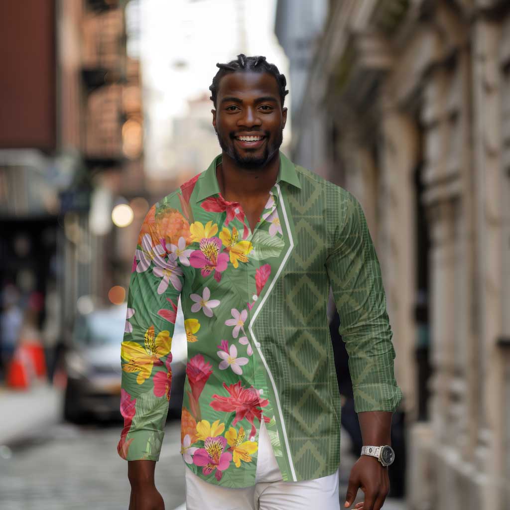 Afro Tropical Flowers Long Sleeve Button Shirt Green Version