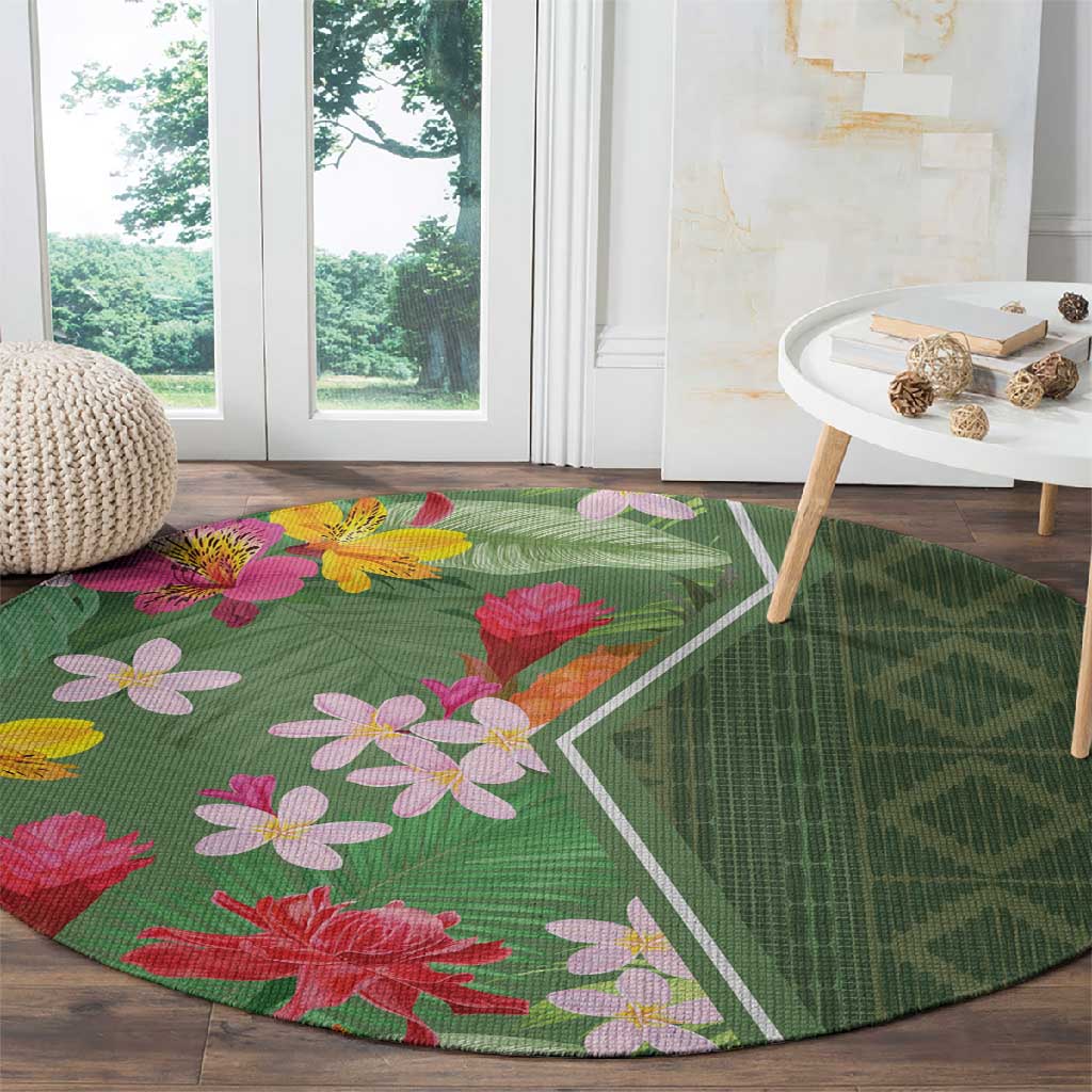 Afro Tropical Flowers Round Carpet Green Version