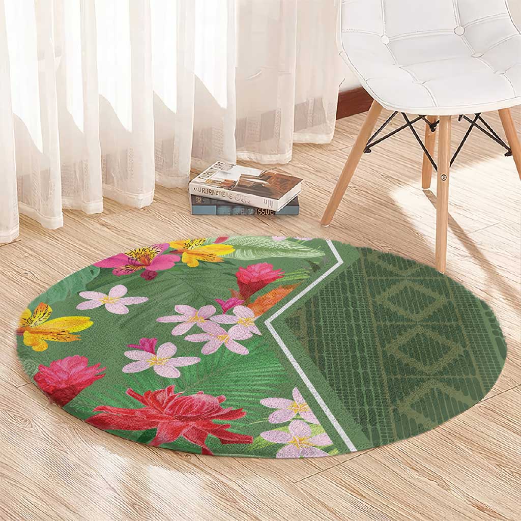 Afro Tropical Flowers Round Carpet Green Version