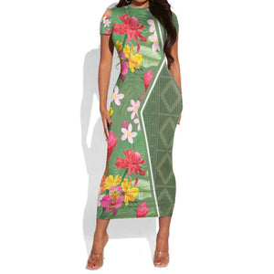Afro Tropical Flowers Short Sleeve Bodycon Dress Green Version LT18