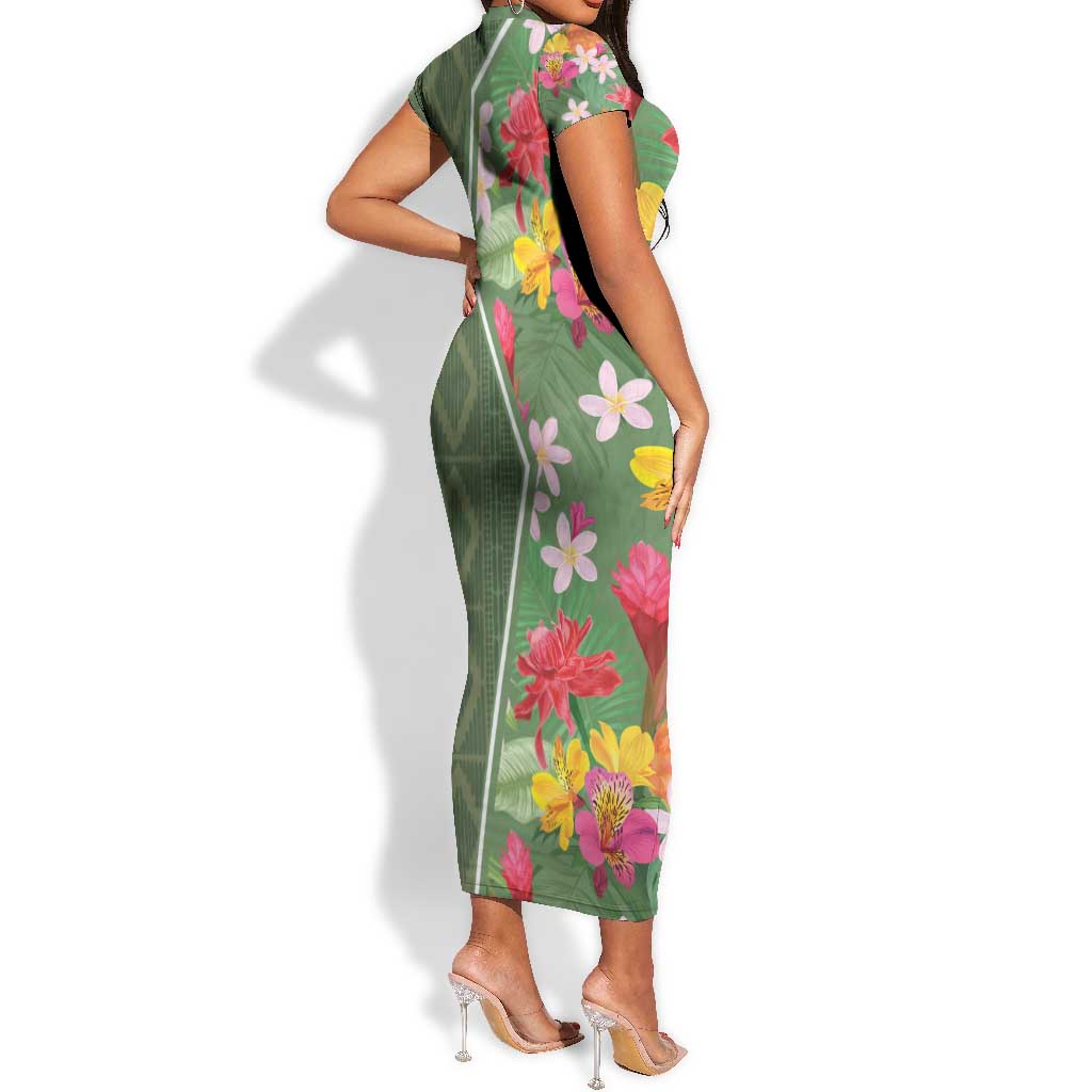 Afro Tropical Flowers Short Sleeve Bodycon Dress Green Version LT18
