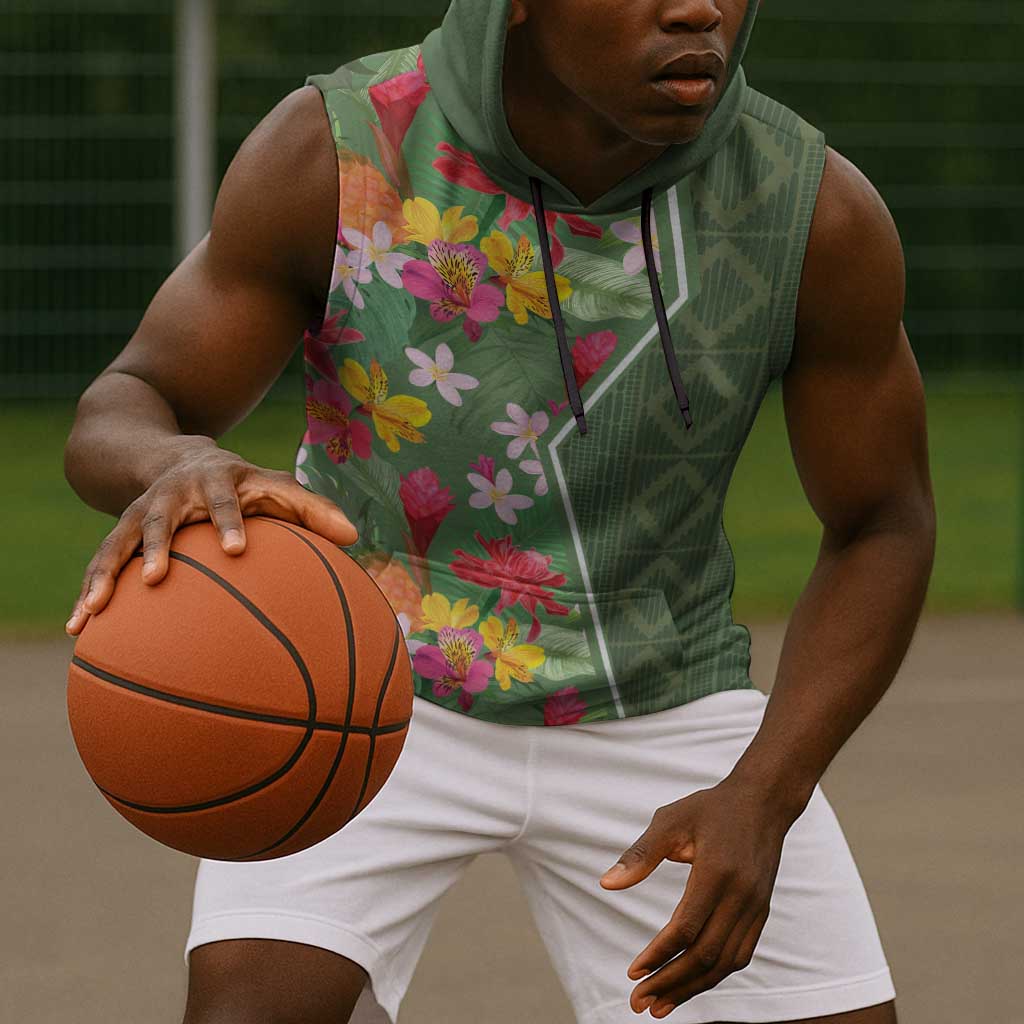 Afro Tropical Flowers Sleeveless Hoodie Green Version - African Pride