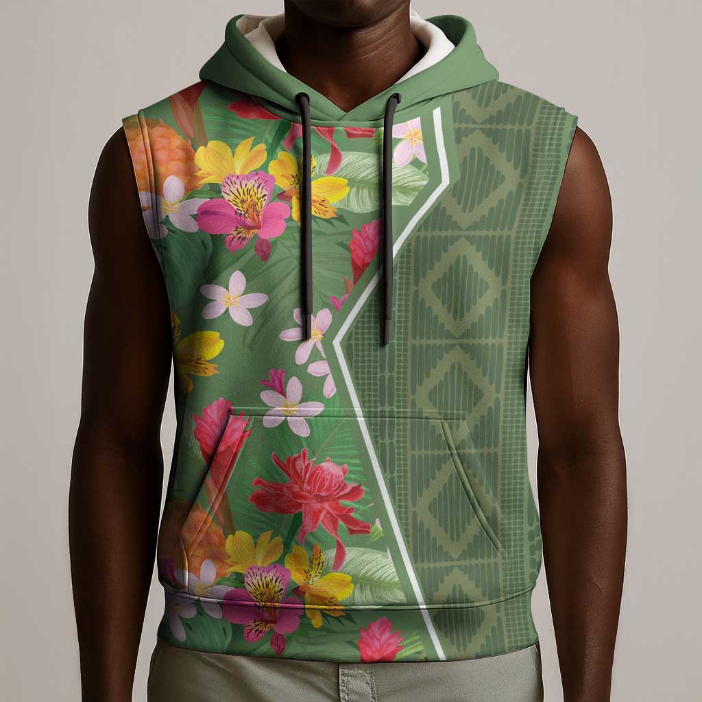 Afro Tropical Flowers Sleeveless Hoodie Green Version - African Pride
