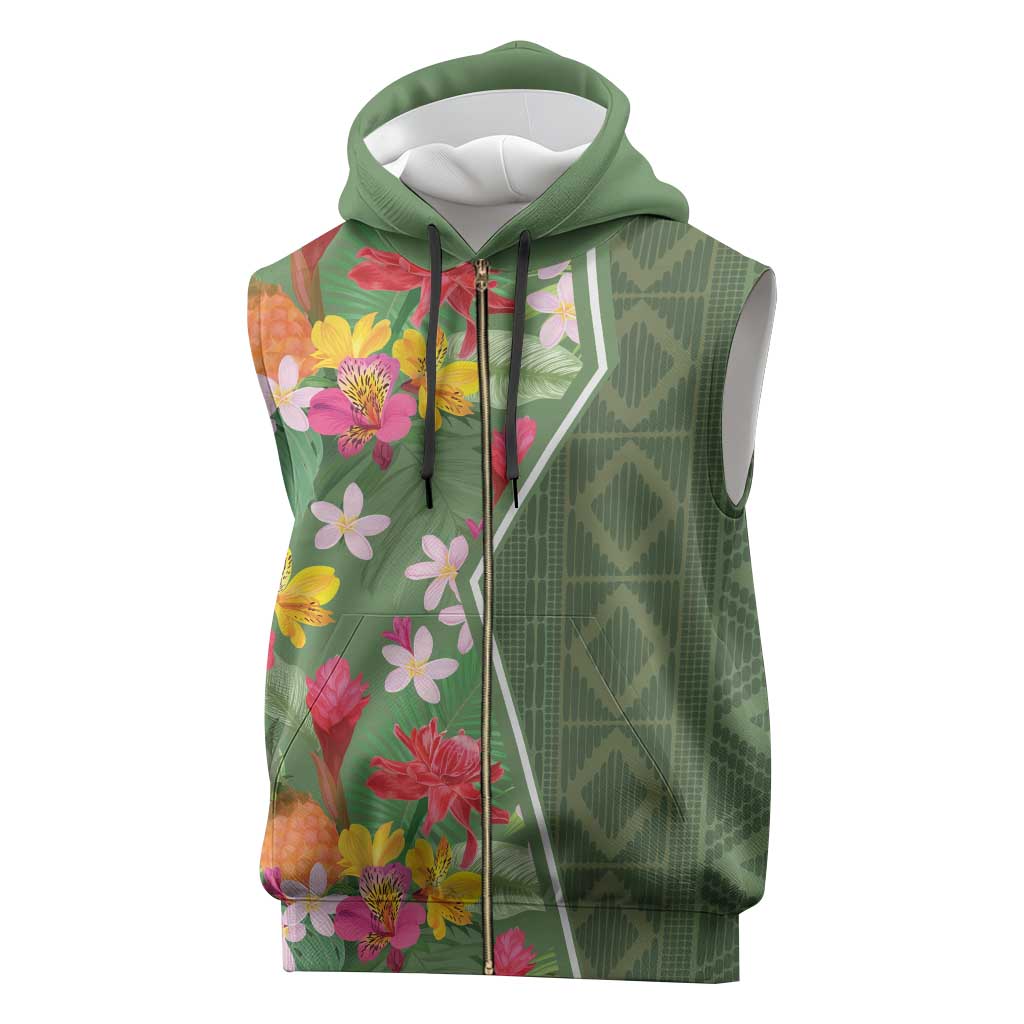 Afro Tropical Flowers Sleeveless Zip Hoodie Green Version - African Pride
