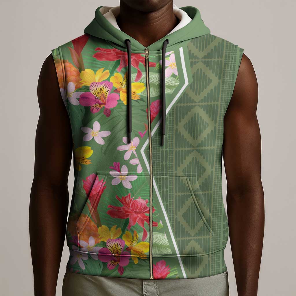 Afro Tropical Flowers Sleeveless Zip Hoodie Green Version - African Pride