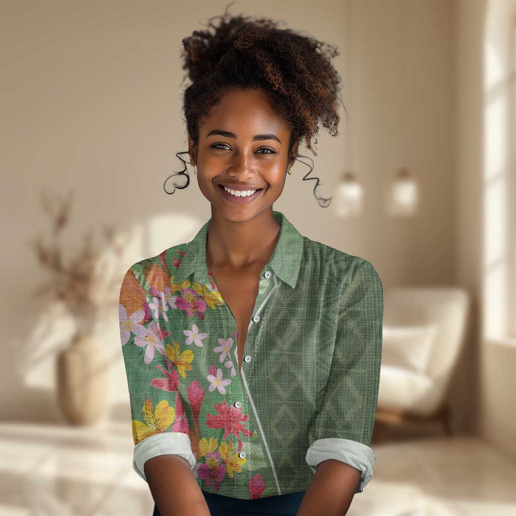 Afro Tropical Flowers Women Casual Shirt Green Version LT18