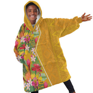 Afro Tropical Flowers KId Wearable Blanket Hoodie Yellow Version