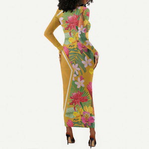 Afro Tropical Flowers Long Sleeve Bodycon Dress Yellow Version LT18