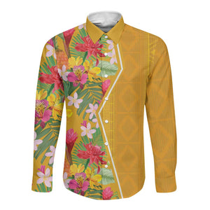 Afro Tropical Flowers Long Sleeve Button Shirt Yellow Version