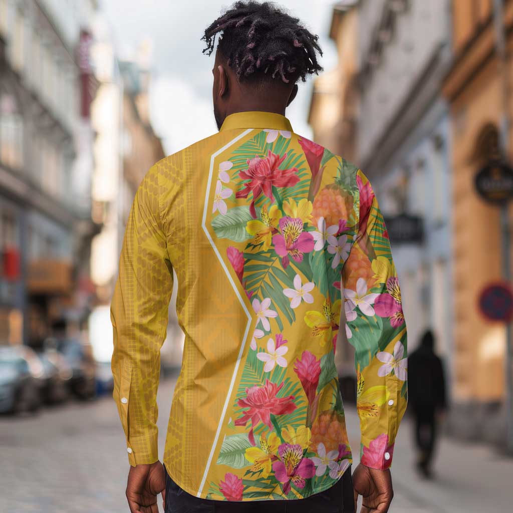 Afro Tropical Flowers Long Sleeve Button Shirt Yellow Version