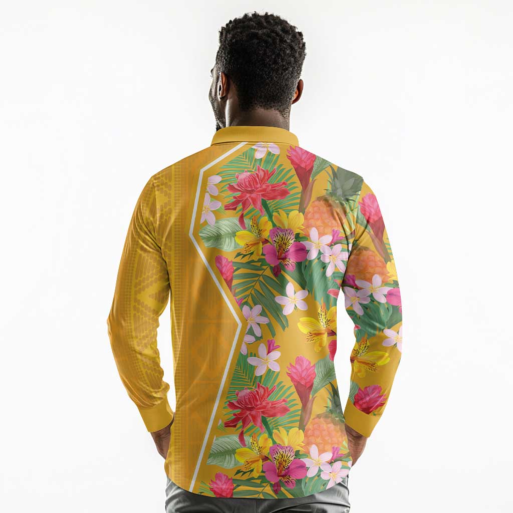 Afro Tropical Flowers Long Sleeve Polo Shirt Yellow Version