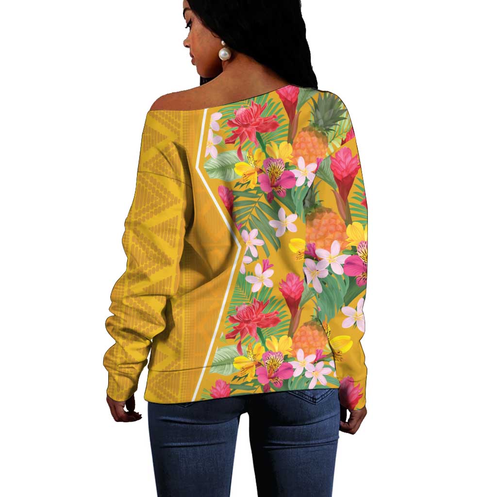 Afro Tropical Flowers Off Shoulder Sweater Yellow Version