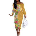Afro Tropical Flowers Off The Shoulder Long Sleeve Dress Yellow Version