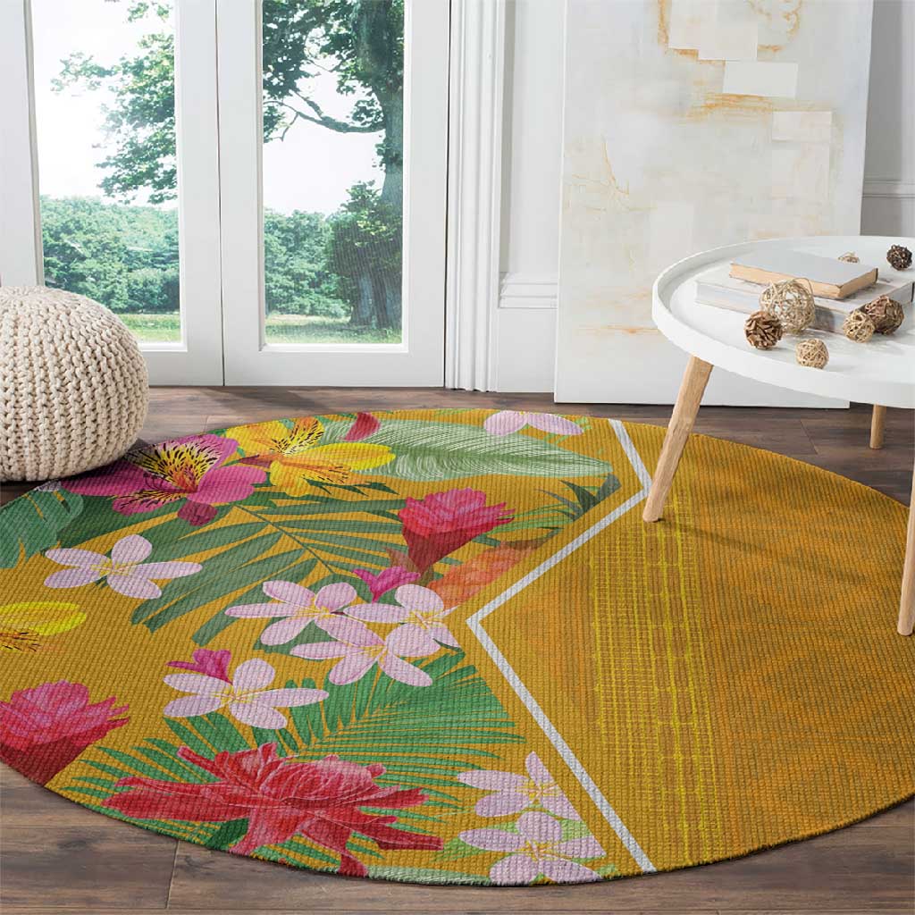 Afro Tropical Flowers Round Carpet Yellow Version
