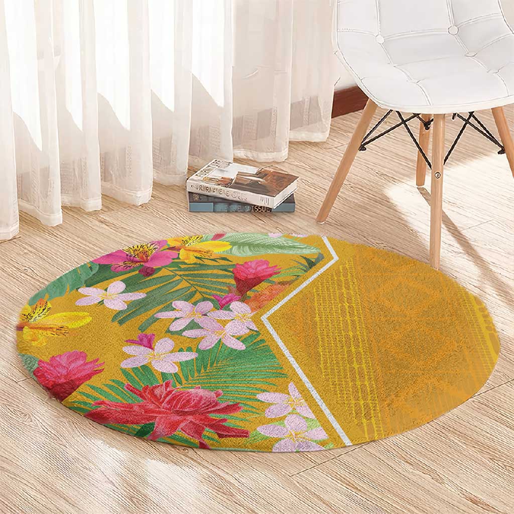 Afro Tropical Flowers Round Carpet Yellow Version