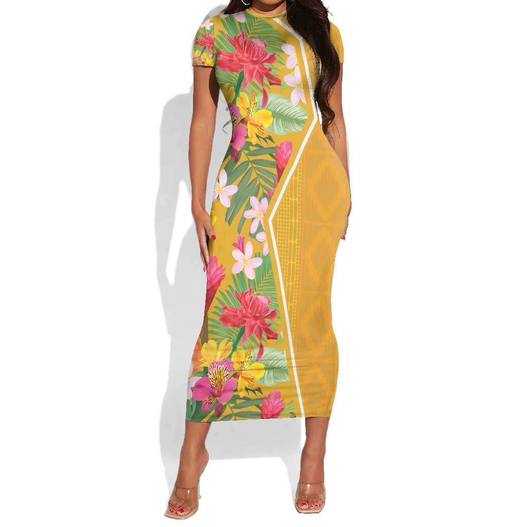 Afro Tropical Flowers Short Sleeve Bodycon Dress Yellow Version LT18
