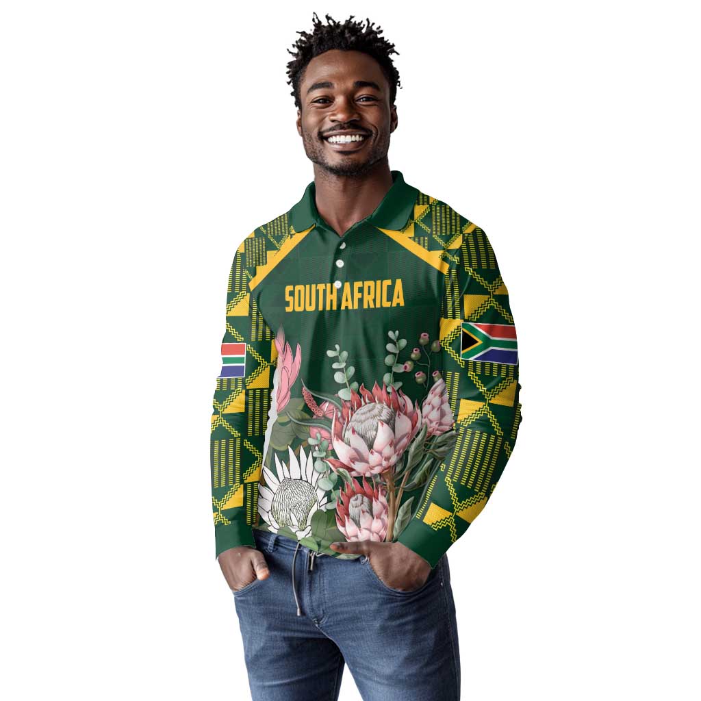 Personalized South Africa With Afro King Protea Long Sleeve Polo Shirt Kente Patterns