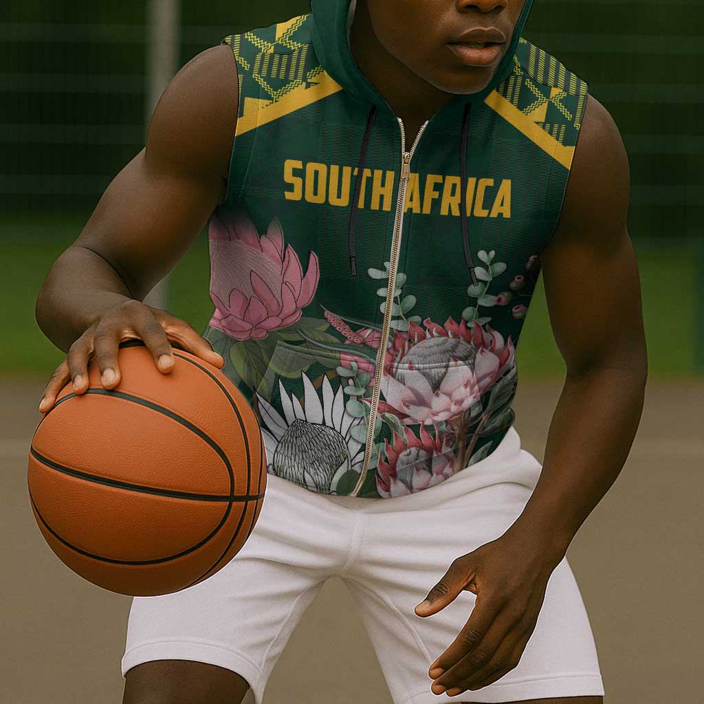 Personalized South Africa With Afro King Protea Sleeveless Zip Hoodie Kente Patterns - African Pride
