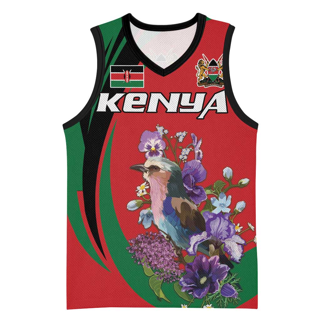 Personalized Afro Kenya Lilac Breasted Roller Basketball Jersey With Violet Flowers - African Pride