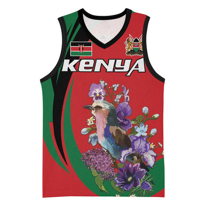 Personalized Afro Kenya Lilac Breasted Roller Basketball Jersey With Violet Flowers - African Pride