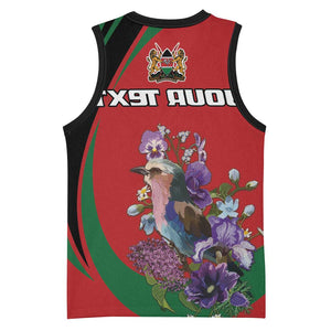 Personalized Afro Kenya Lilac Breasted Roller Basketball Jersey With Violet Flowers - African Pride
