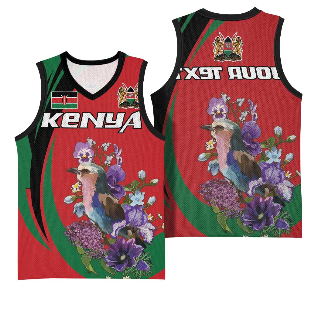 Personalized Afro Kenya Lilac Breasted Roller Basketball Jersey With Violet Flowers - African Pride