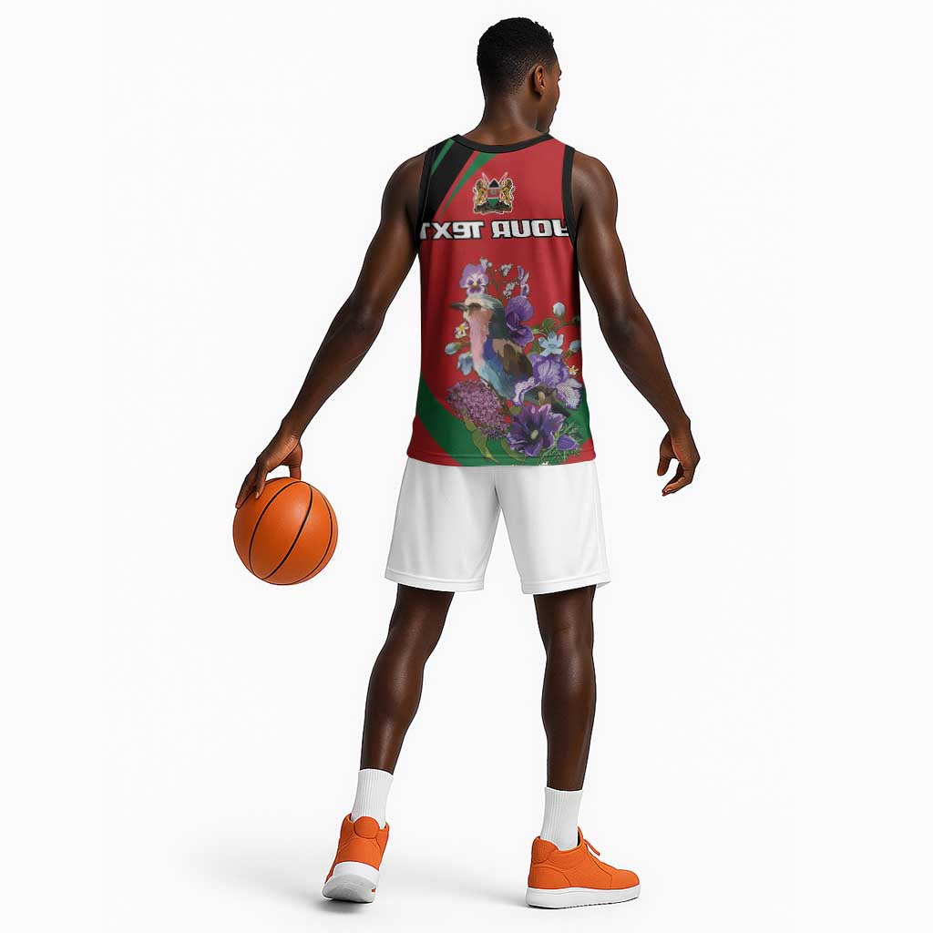 Personalized Afro Kenya Lilac Breasted Roller Basketball Jersey With Violet Flowers - African Pride