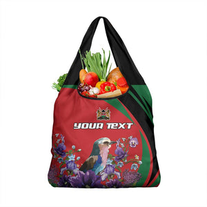 Personalized Afro Kenya Lilac Breasted Roller Grocery Bag With Violet Flowers