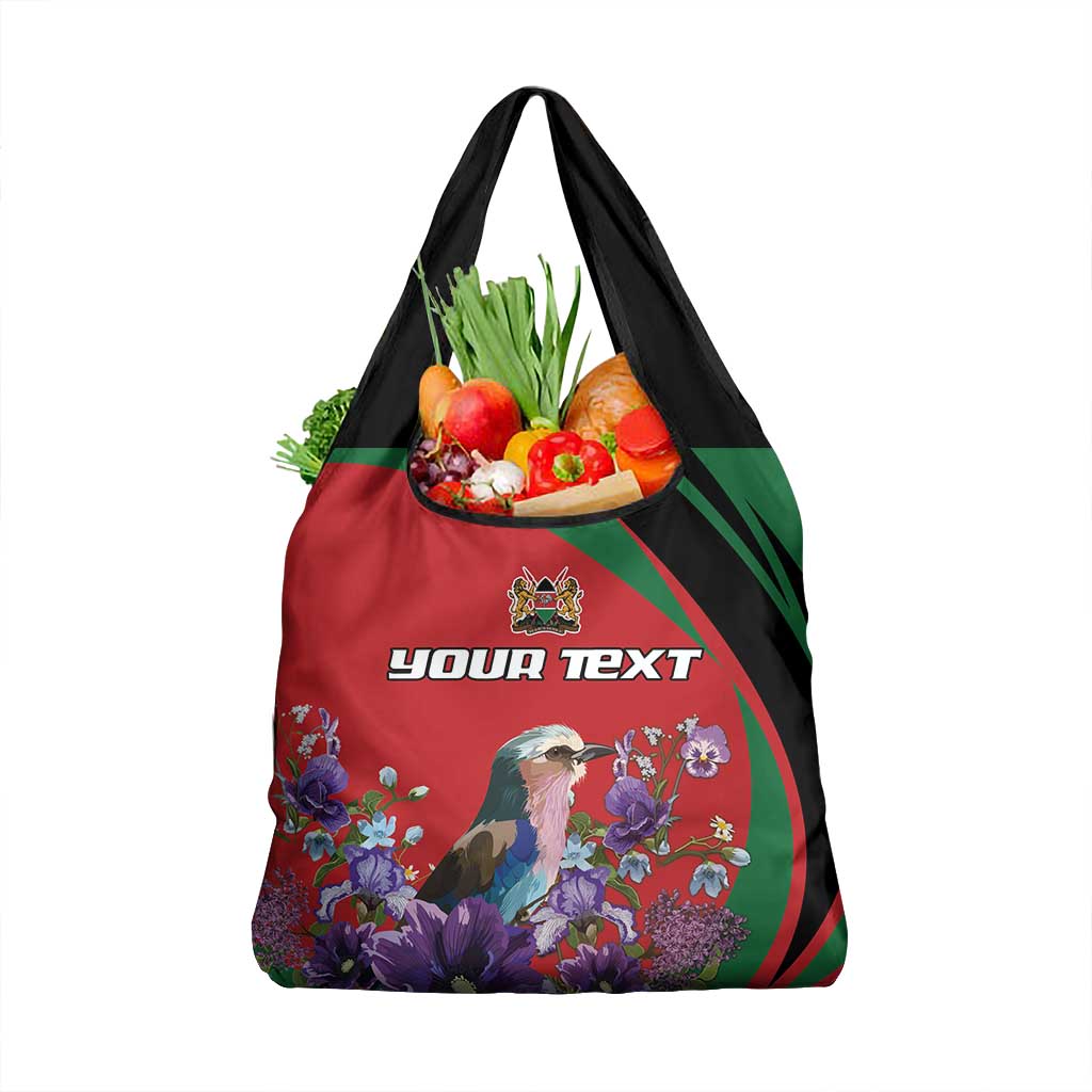 Personalized Afro Kenya Lilac Breasted Roller Grocery Bag With Violet Flowers