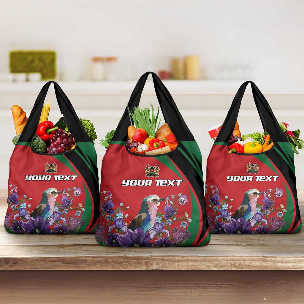 Personalized Afro Kenya Lilac Breasted Roller Grocery Bag With Violet Flowers