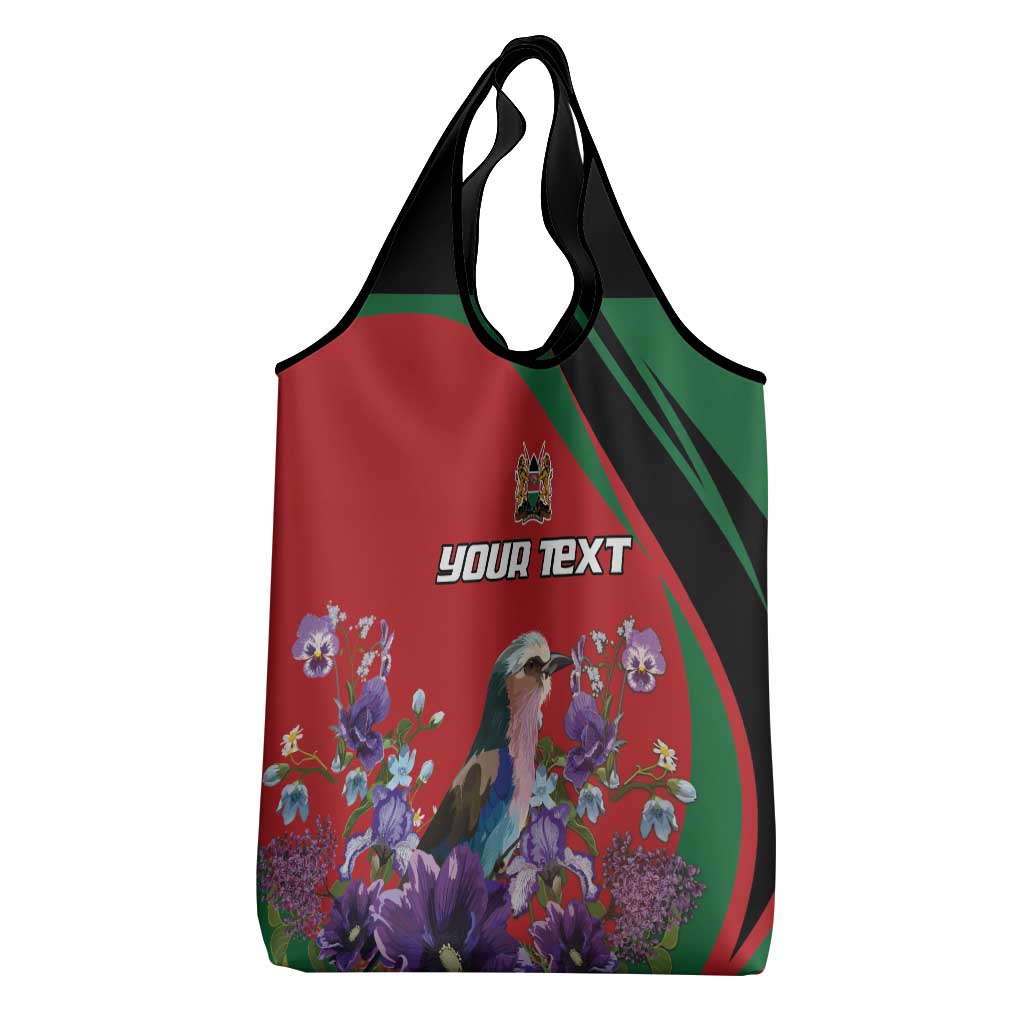 Personalized Afro Kenya Lilac Breasted Roller Grocery Bag With Violet Flowers