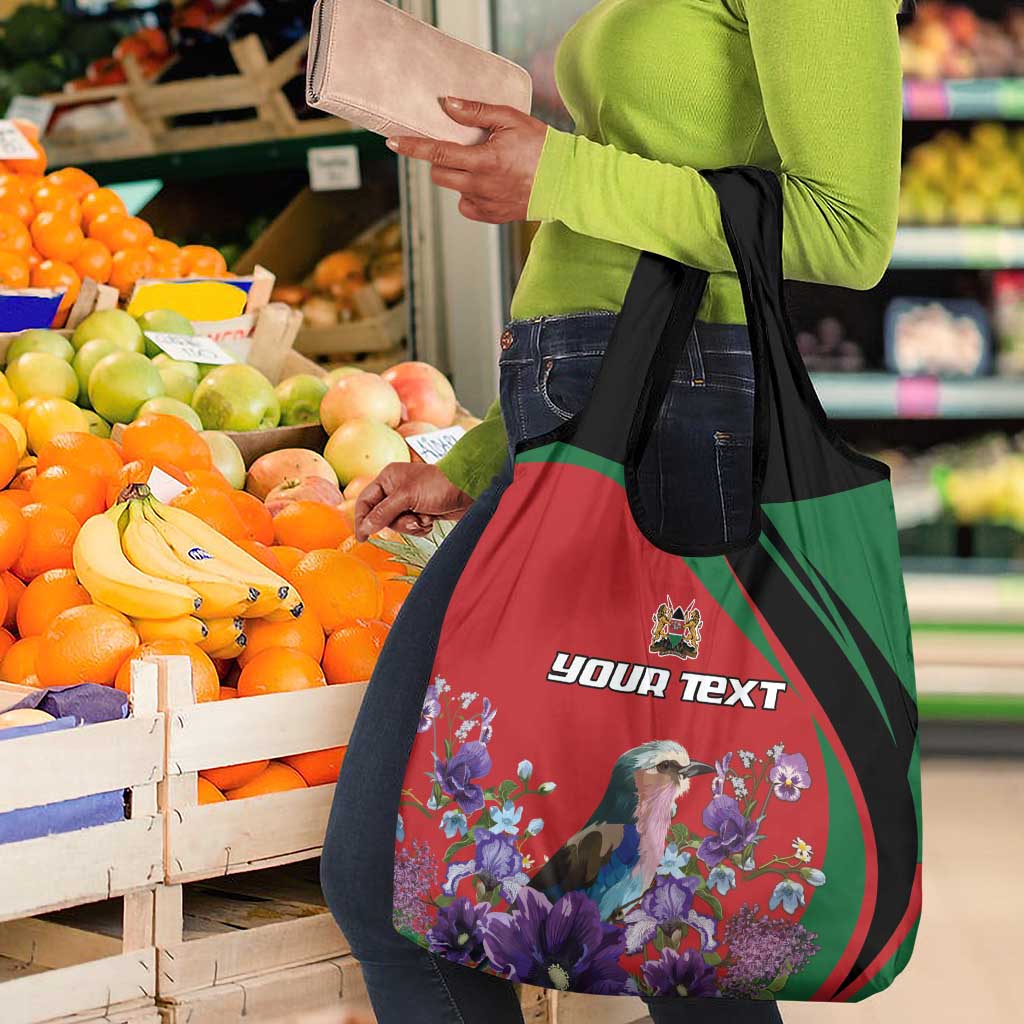 Personalized Afro Kenya Lilac Breasted Roller Grocery Bag With Violet Flowers