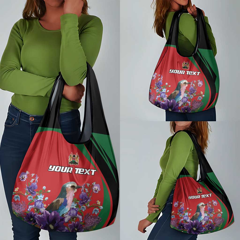 Personalized Afro Kenya Lilac Breasted Roller Grocery Bag With Violet Flowers