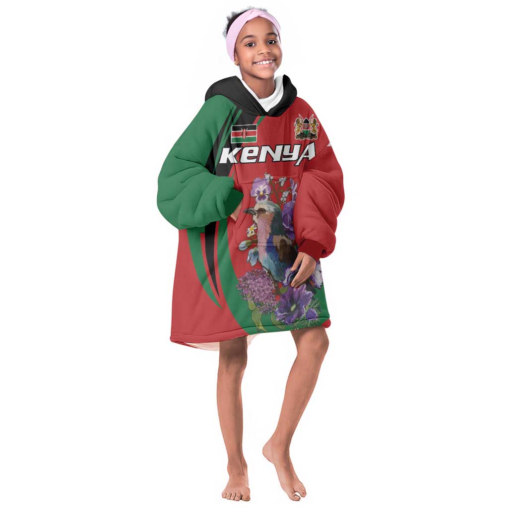 Personalized Afro Kenya Lilac Breasted Roller KId Wearable Blanket Hoodie With Violet Flowers