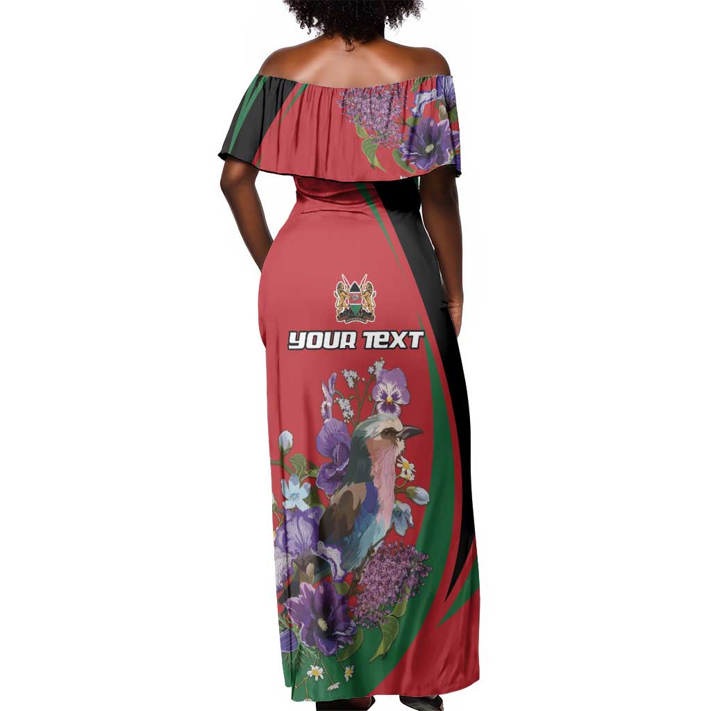 Personalized Afro Kenya Lilac Breasted Roller Off Shoulder Maxi Dress With Violet Flowers