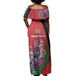 Personalized Afro Kenya Lilac Breasted Roller Off Shoulder Maxi Dress With Violet Flowers