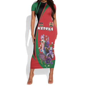 Personalized Afro Kenya Lilac Breasted Roller Short Sleeve Bodycon Dress With Violet Flowers LT18