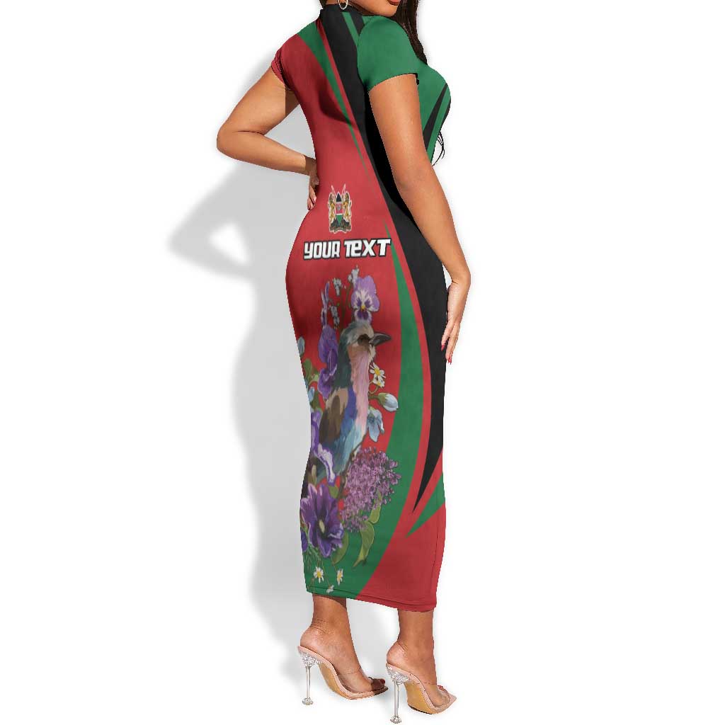 Personalized Afro Kenya Lilac Breasted Roller Short Sleeve Bodycon Dress With Violet Flowers LT18