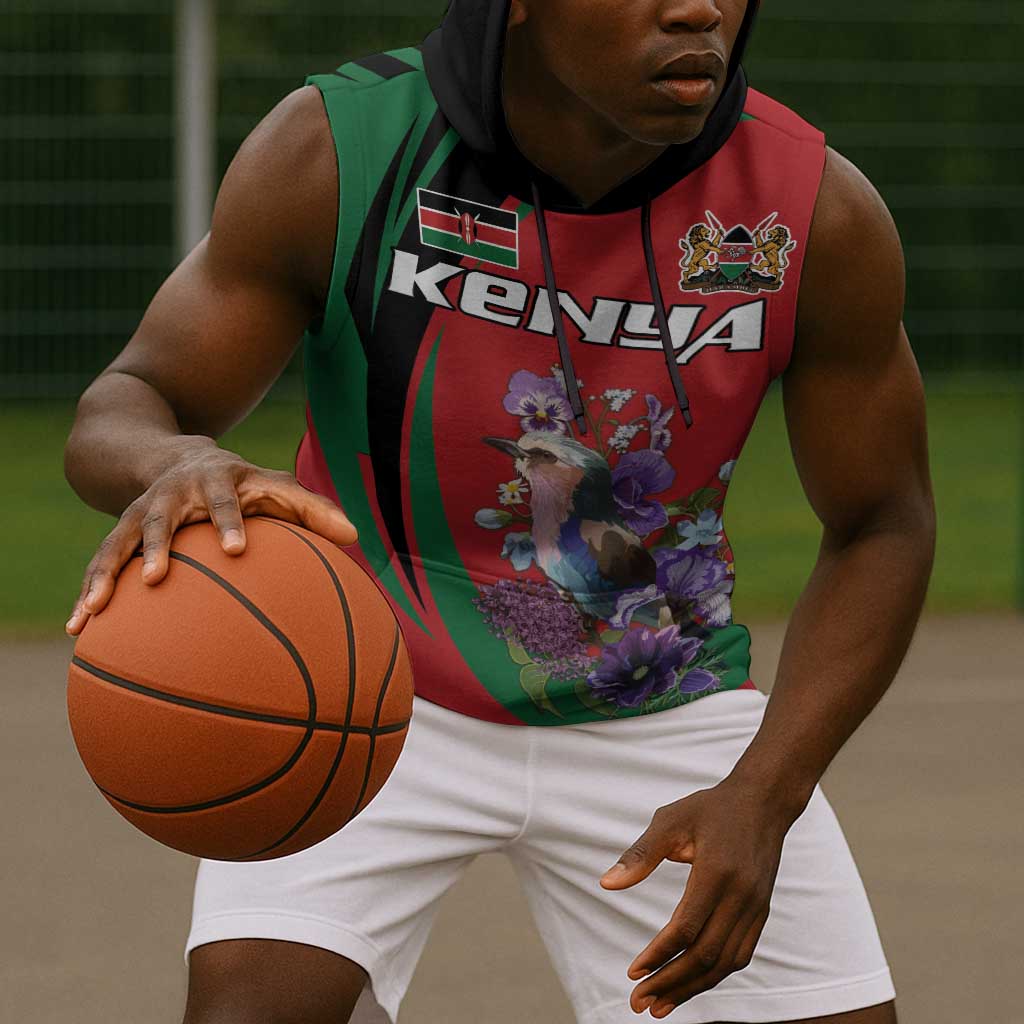 Personalized Afro Kenya Lilac Breasted Roller Sleeveless Hoodie With Violet Flowers - African Pride