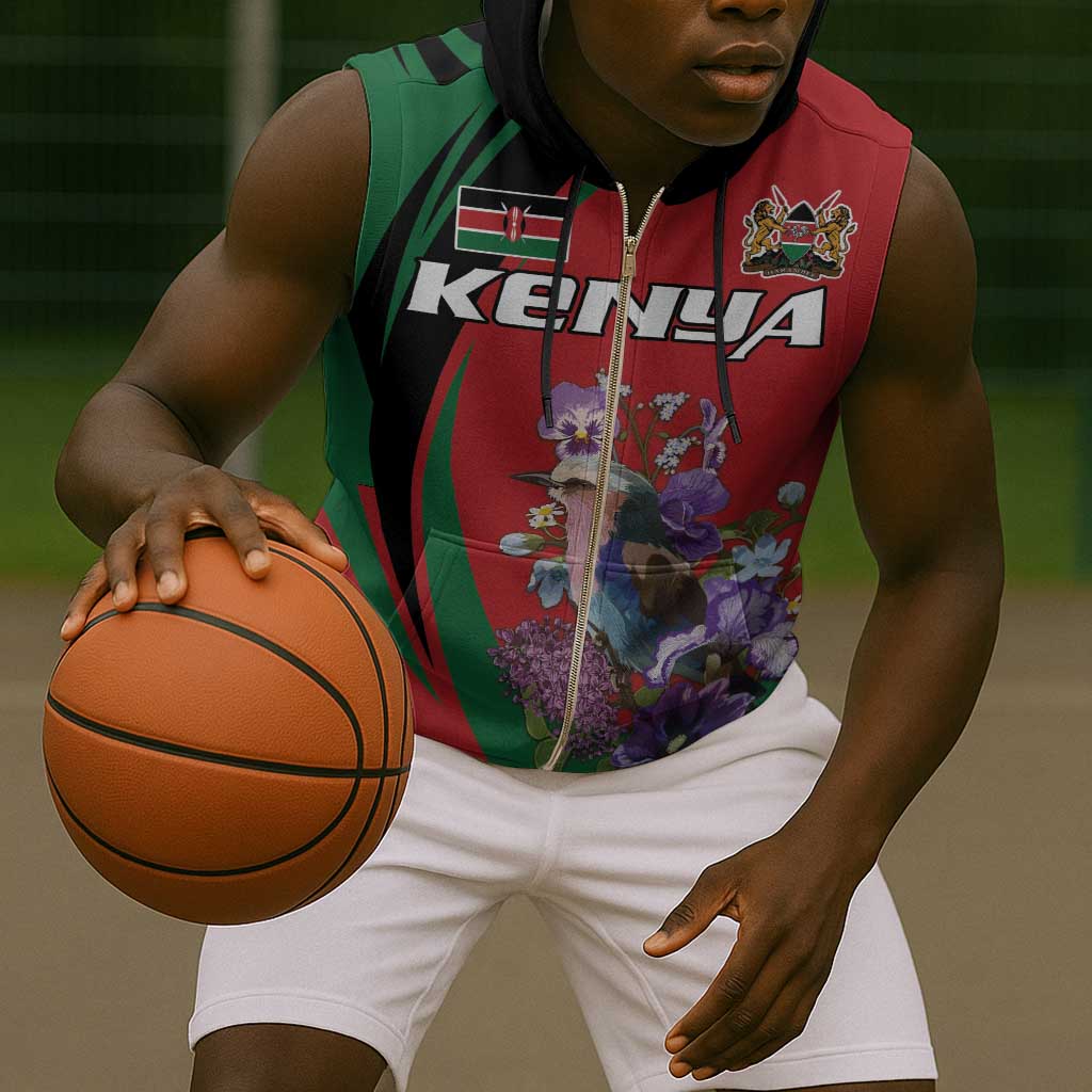 Personalized Afro Kenya Lilac Breasted Roller Sleeveless Zip Hoodie With Violet Flowers - African Pride