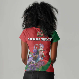 Personalized Afro Kenya Lilac Breasted Roller Women V-Neck T-Shirt With Violet Flowers