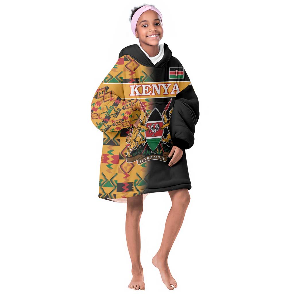 Custom Afro Kenya Coat Of Arms KId Wearable Blanket Hoodie With Kente Patterns