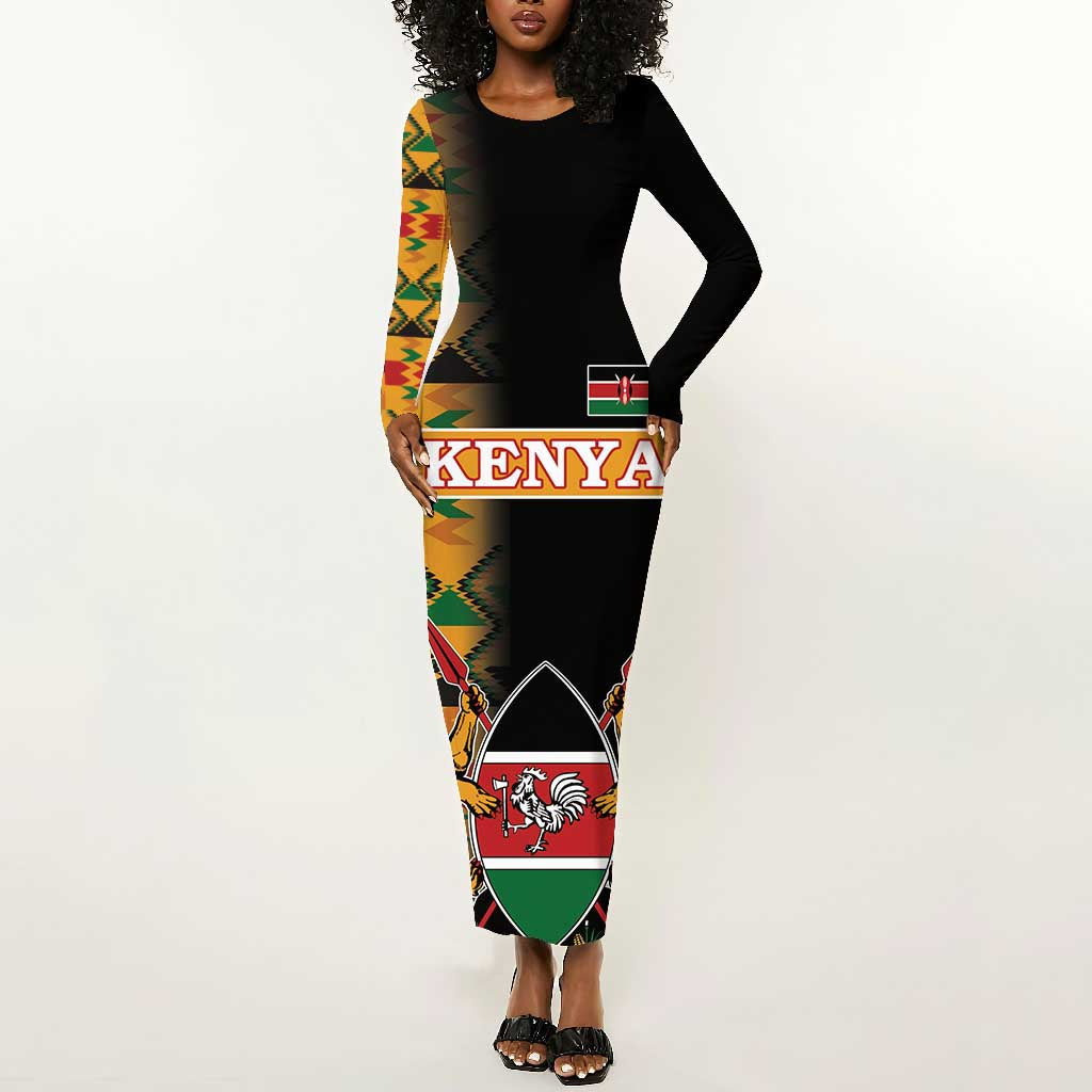 Custom Afro Kenya Coat Of Arms Long Sleeve Bodycon Dress With Kente Patterns LT18