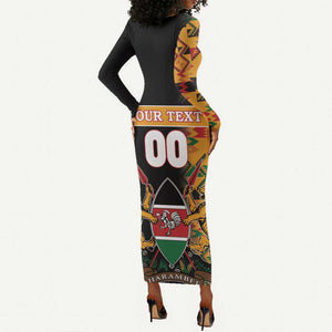 Custom Afro Kenya Coat Of Arms Long Sleeve Bodycon Dress With Kente Patterns LT18