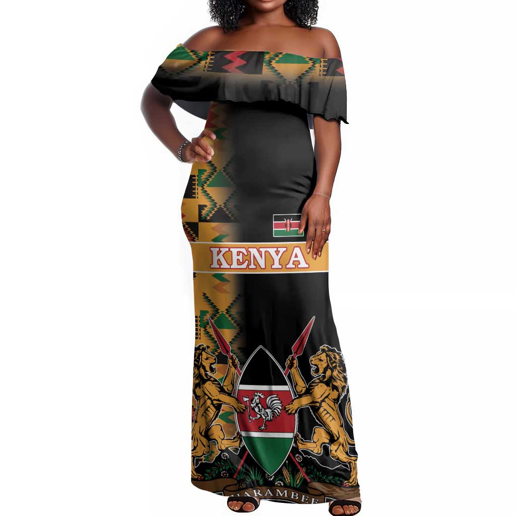 Custom Afro Kenya Coat Of Arms Off Shoulder Maxi Dress With Kente Patterns
