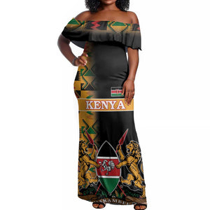 Custom Afro Kenya Coat Of Arms Off Shoulder Maxi Dress With Kente Patterns