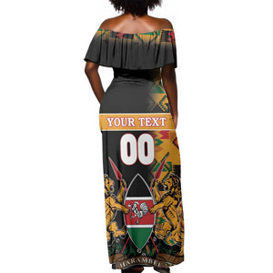 Custom Afro Kenya Coat Of Arms Off Shoulder Maxi Dress With Kente Patterns