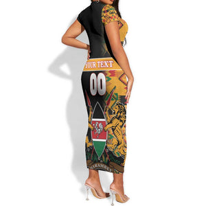 Custom Afro Kenya Coat Of Arms Short Sleeve Bodycon Dress With Kente Patterns LT18