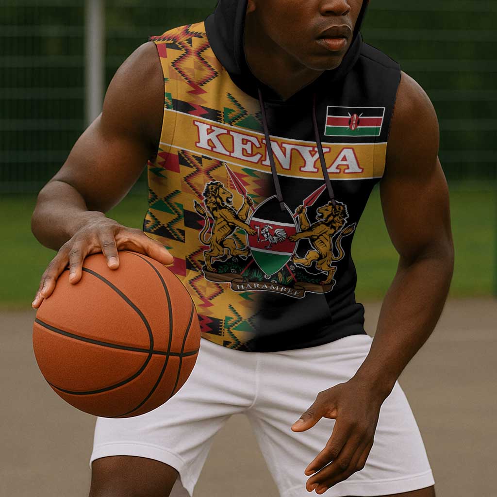 Custom Afro Kenya Coat Of Arms Sleeveless Hoodie With Kente Patterns - African Pride